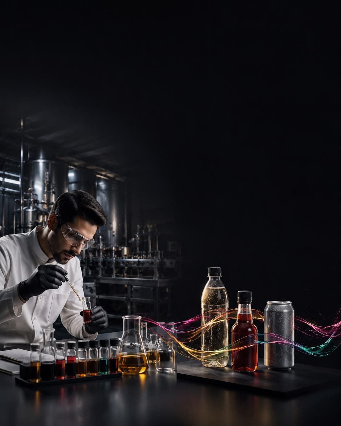 Flavor development laboratory equipment with colorful liquids and sample bottles